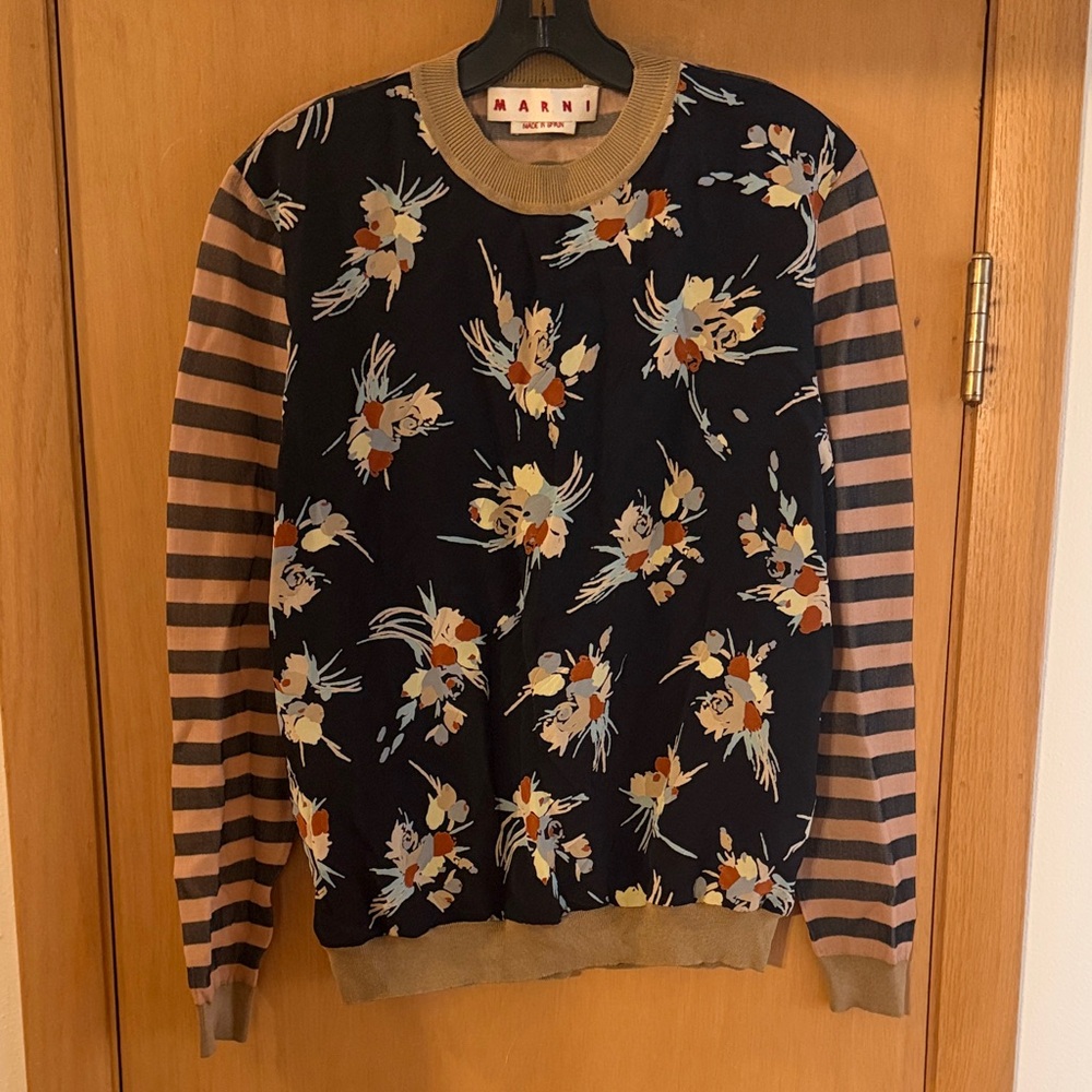 Marni Women’s Mixed Print Floral Striped Silk Top Black Tan Size 4 (40)